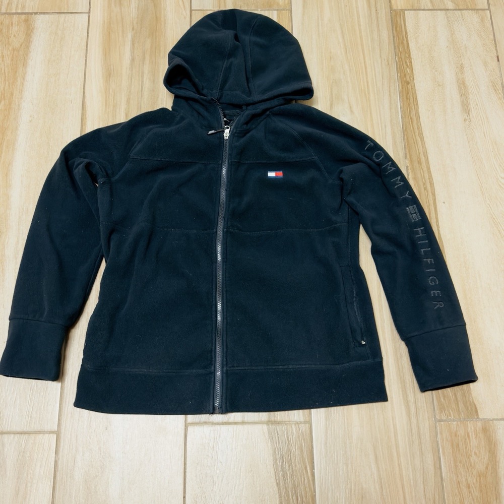 Tommy Hilfiger Women's Full Zip Black Fleece Jacket Hoodie Flag Logo Size Large